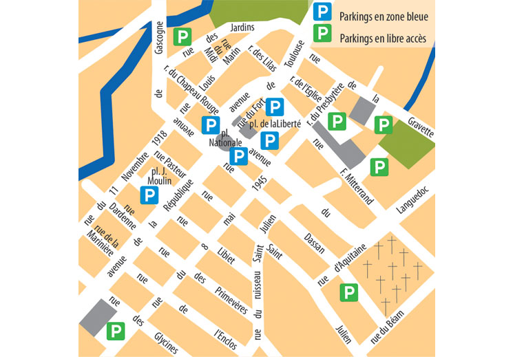 Stationner : Le stationnement est gratuit sur le territoire de la commune. En centre ville, une zone bleue a été mise en place