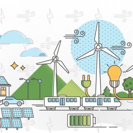 Wind energy vector illustration. Green alternative power in outline concept. Air turbines producing electricity and supplies town with lighting while being sustainable and ecological clean resource.